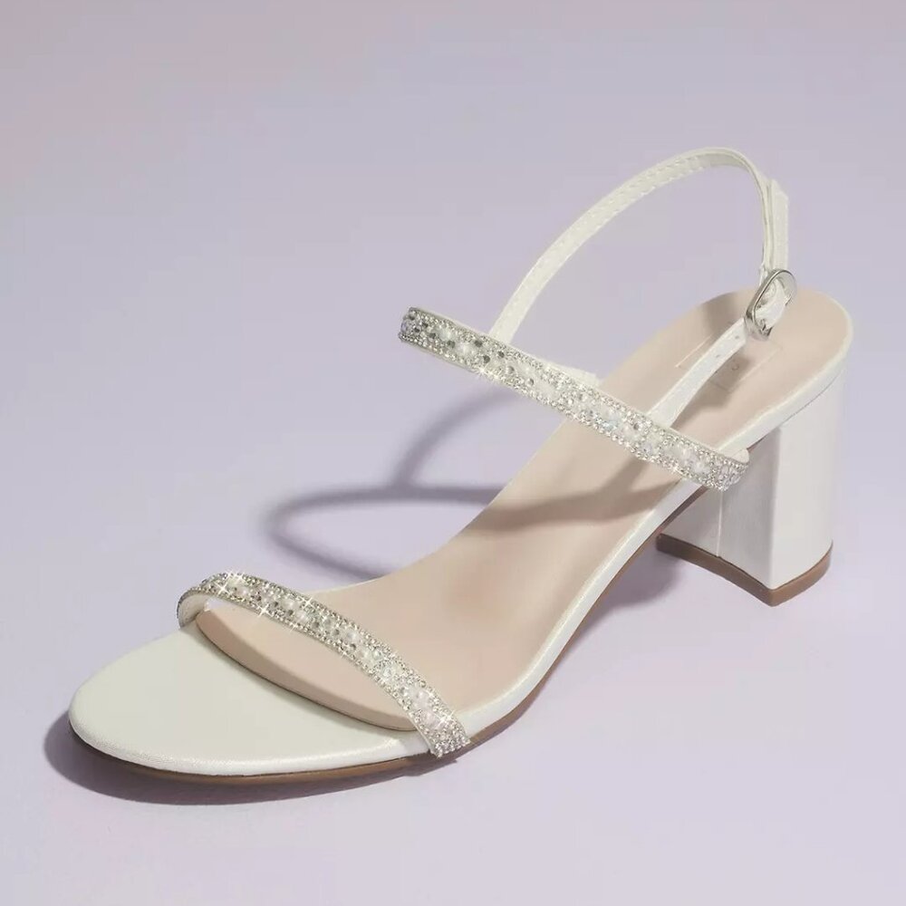 David's Bridal White Crystal Strap Block Heel Sandals